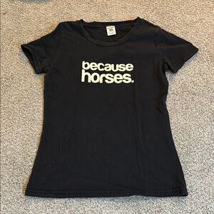 Black Graphic T-Shirt 'because horses.' Print
